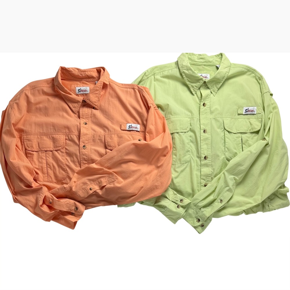 World Wide Sportsman Mens 3XL Fishing Shirt Lot 2 Nylon Long Sleeve Orange Green